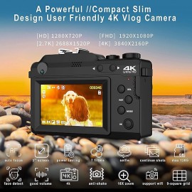 Vlogging Camera 4K 48MP Digital Camera with WiFi Free 32G TF Card & Hand Strap Auto Focus & Anti-Shake Built-in 7 Color Filters Face Detect 3'' IPS Screen 140Wide Angle 18X Digital Zoom
