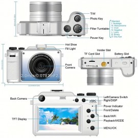 Vlogging Camera 4K 48MP Digital Camera with WiFi Free 32G TF Card & Hand Strap Auto Focus & Anti-Shake Built-in 7 Color Filters Face Detect 3'' IPS Screen 140Wide Angle 18X Digital Zoom
