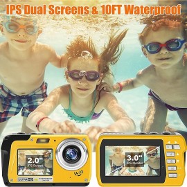 4K30FPS Waterproof Camera 56MP Underwater Cameras UHD Video Recorder Selfie IPS Dual Screens(3/2) 10FT Waterproof Digital Camera for Snorkeling on Vacation 1700mAh
