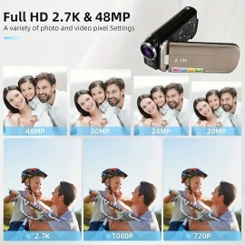 2.7K 48MP Video Camera Camcorder 270Rotation 2.7 IPS Screen Handheld Digital Camcorder Remote Control Camera For YouTube-Champagne Gold
