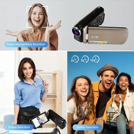 2.7K 48MP Video Camera Camcorder 270Rotation 2.7 IPS Screen Handheld Digital Camcorder Remote Control Camera For YouTube-Champagne Gold
