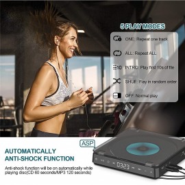 CD Player Portable Rechargeable 1800mAh Battery Touch Button CD Disc Walkman with Double Earphones Jacks & Two Headphones Memory Function Anti-Skip Protection Digital Display with AUX Cable

