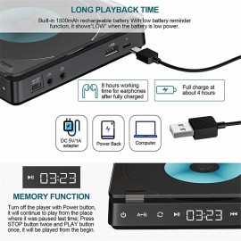 CD Player Portable Rechargeable 1800mAh Battery Touch Button CD Disc Walkman with Double Earphones Jacks & Two Headphones Memory Function Anti-Skip Protection Digital Display with AUX Cable
