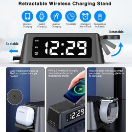 Wireless Charger 4 in 1 with Digital Alarm Clock 15W Fast Charging Station for Apple Watch 8/7/SE/6/5/4/3/2 AirPods Pro Compatible with iPhone 14/13/12 Pro Max/11/XS Max/XR/X/8 Plus/Samsung Galaxy
