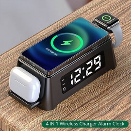 Wireless Charger 4 in 1 with Digital Alarm Clock 15W Fast Charging Station for Apple Watch 8/7/SE/6/5/4/3/2 AirPods Pro Compatible with iPhone 14/13/12 Pro Max/11/XS Max/XR/X/8 Plus/Samsung Galaxy

