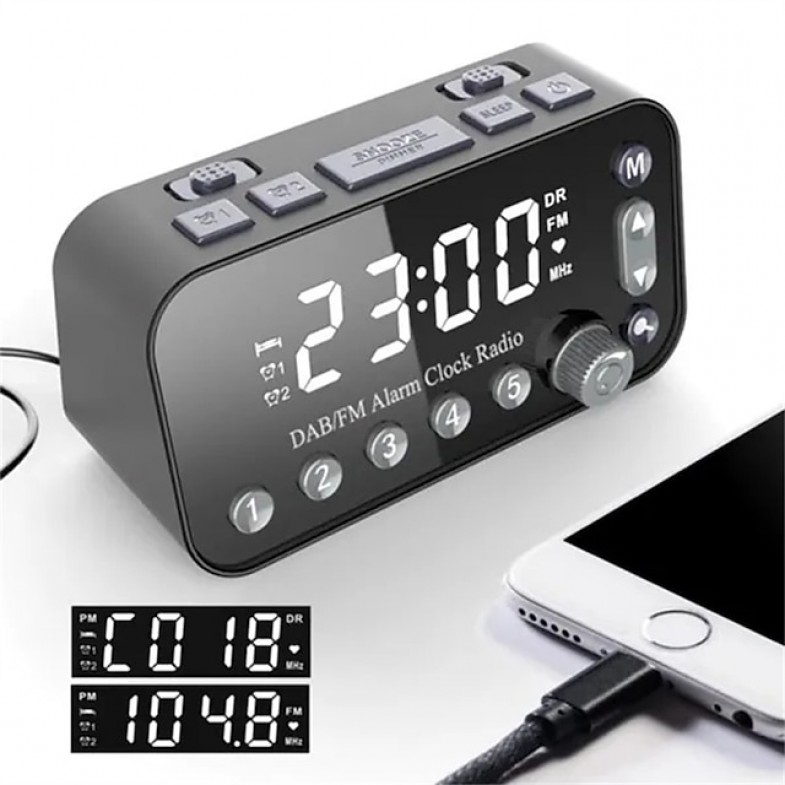 Digital Alarm Clock DAB/FM Radio Backup Dual Alarm Settings Jumbo Screen Display Electronic Desktop Clock with Snooze Function
